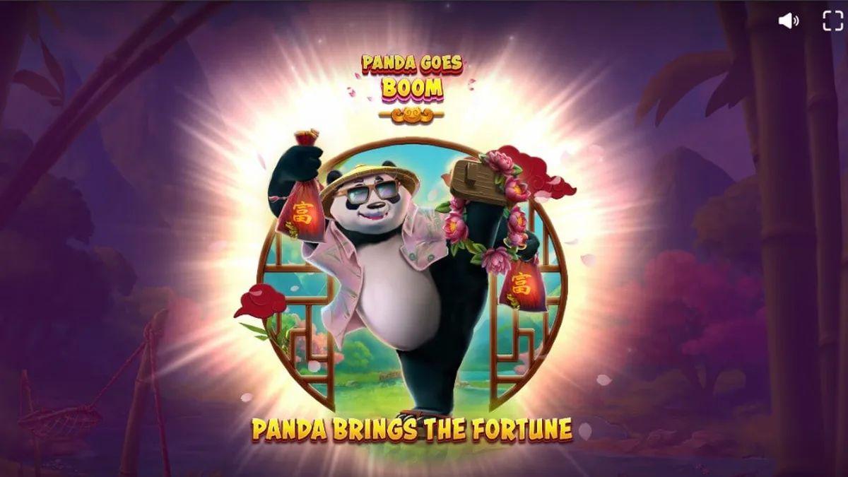 Tampilan utama game slot Panda Goes Boom oleh Red Tiger, menampilkan panda yang sedang bersantai dan simbol-simbol Asia yang cerah.