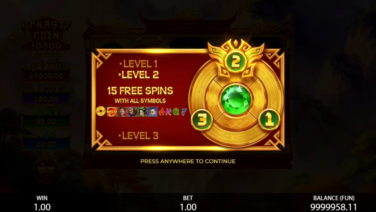 Visual megah dari slot Dynasty Coin 10,000 dengan latar belakang pegunungan kuno dan simbol koin emas.