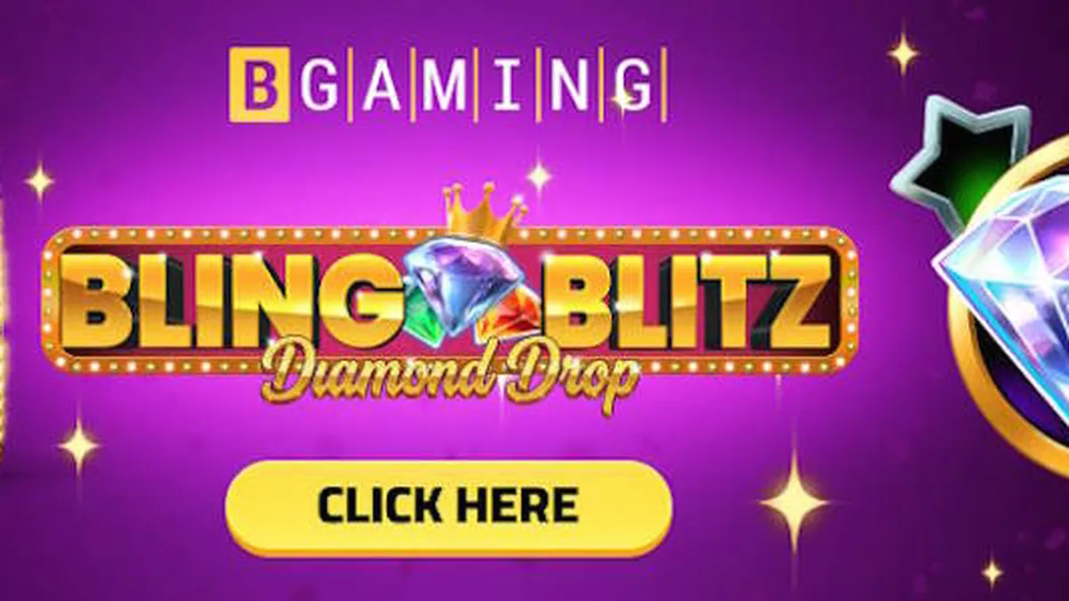 Tampilan visual mewah dari slot Bling Blitz Diamond Drop dengan elemen berlian dan koin emas.