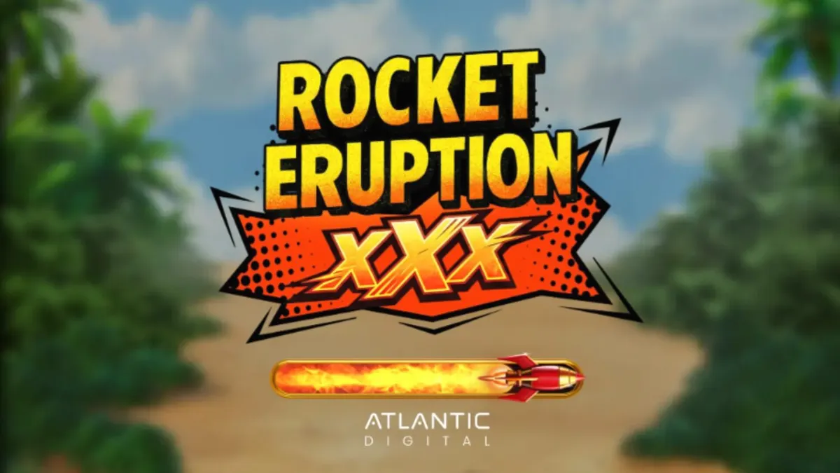 Tampilan visual slot Rocket Eruption XXX dengan tema gunung berapi dan elemen retro.